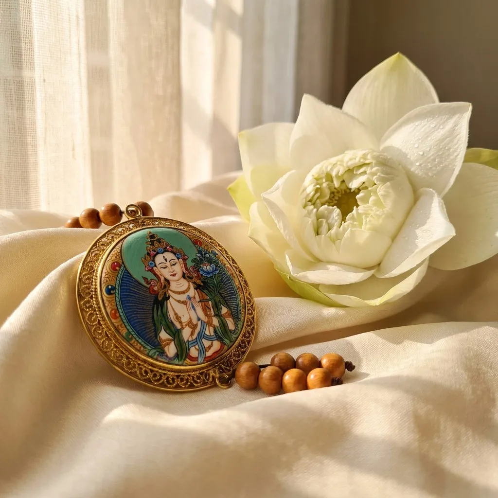 White Tara Pendant on Silk