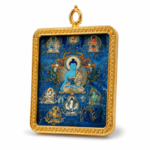 Premium Blue Medicine Buddha Thangka Pendant - Gold Frame Healing Amulet