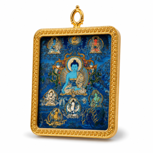 Premium Blue Medicine Buddha Thangka Pendant - Gold Frame Healing Amulet