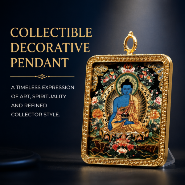Black Background Medicine Buddha Thangka Pendant - Gold Frame Healing Amulet